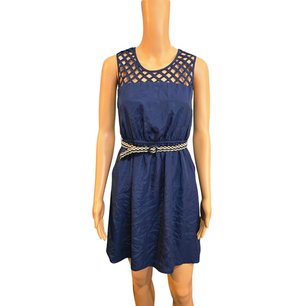 Sequin Hearts navy blue sleeveless dress with belt Medium